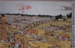 Katsushika 1760 1849 Prints: Fireworks at Ryogoku Bridge, c. 1785. Artist: Hokusai, Katsushika (1760-1849)