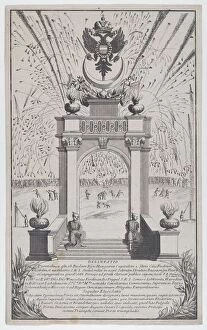 Fireworks and triumphal arch erected in Buda to celebrate the expulsion of the Turks, Sept... 1686. Creator: Anon