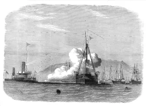 Edwin Weedon Prints: Firing trials against H.M.S. Glatton in Portland Roads, 1872. Creator: Unknown