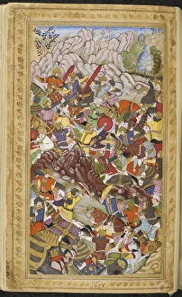Cavalryman Gallery: First Battle of Panipat, 1526. Miniature from Baburnama, ca 1592. Creator: Anonymous