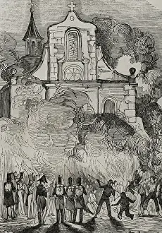 First Carlist War, (1833-1840): Fire at the Franciscan convent in Reus, (Tarragona province), 1845. Creator: Unknown
