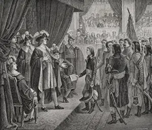 First French Republic: Napoleon Bonaparte presenting to the Directory the Treaty of Campo...1879. Creator: J Guillaume