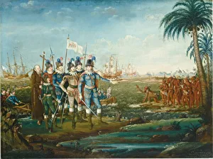 Palm Trees Prints: First Landing of Christopher Columbus, 1800 / 1805. Creator: Frederick Kemmelmeyer