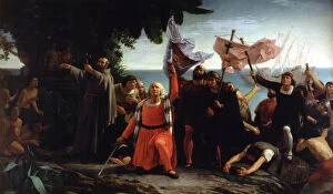 Columbus Gallery: First Landing of Columbus 1862, Christopher Columbus (1451-1506). Italian navigator