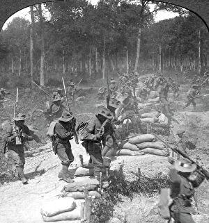 Stereoscopic Collection: First line Gurkhas storming and capturing a German trench, World War I, 1914-1918.Artist: Crown