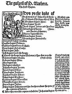 First page of St Matthews Gospel from William Tyndales English New Testament, 1525