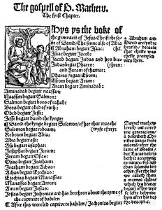 First page of St Matthews Gospel from William Tyndales English New Testament, 1525