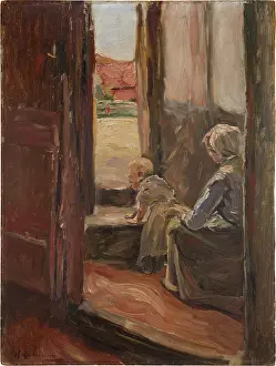 Doors Prints: The first step (Mother and Child, small sketch), 1890. Creator: Max Liebermann