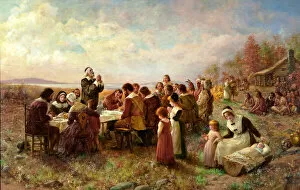 The United States Gallery: The First Thanksgiving at Plymouth, 1914. Creator: Brownscombe, Jennie Augusta (1850-1936)