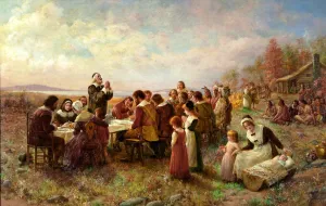 Pilgrims Prints: The First Thanksgiving at Plymouth, 1914. Creator: Brownscombe, Jennie Augusta (1850-1936)