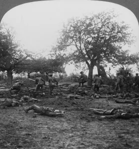 First World War battlefield scene, 1914-1918. Artist: Realistic Travels Publishers