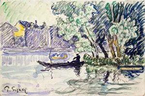 Paul Victor Jules Signac Prints: Fisherman in a Boat Near a Bank of the Seine, c1900. Artist: Paul Signac