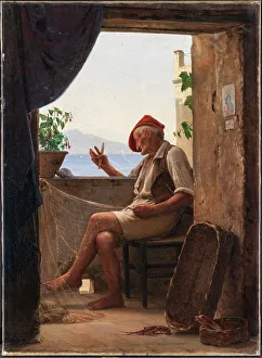 Mending Prints: A Fisherman from Sorrento, Italy, 1860. Creator: Carl Bloch
