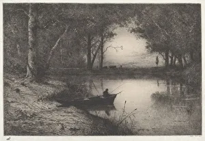 Etchings Prints: A Fisherman in a Wooded Pond at Evening, 1887. Creator: Adolphe Appian