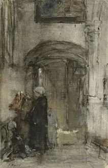 Fisherman's wife with her daughter as a bride lights a church candle, 1847-1899. Creator: Jacob Henricus Maris