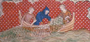 Fishing Net Prints: Three fishermen hauling in their catch, c1300-c1325. Creator: Unknown