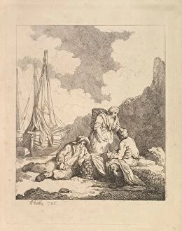 Muse Gallery: Fishermen by the Shore - Coastal Scene with a Man Sitting on the Ground Resting an Elbow