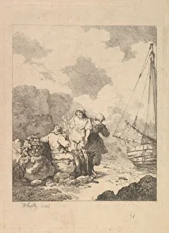 Fishermen by the Shore - Coastal Scene with a Man Sitting on Rocks and Smoking a Pipe Fishermen by the Shore - Coastal Scene with a Man Sitting on Rocks and Smoking a Pipe