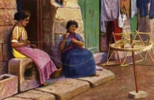 Maltese Prints: Fisherwomen winding yarn for nets, Malta, c1928. Creator: Unknown