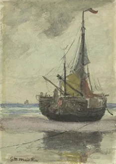 Gerhard Morgenstjerne Munthe Prints: Fishing boat on the beach with reefed sail, 1885-1960. Creator: Gerhard Munthe