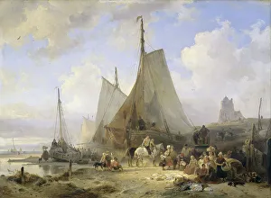Catch Prints: Fishing Boats on the Beach with Fishermen and Women Sorting the Catch