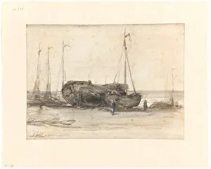 Bosboom Johannes Prints: Fishing boats on the beach of Scheveningen, 1873. Creator: Johannes Bosboom