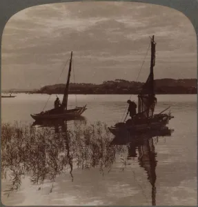 Fishing boats at sunset across Tamagawa to Kawasaki, near Yokohama, Japan, 1904 Fishing boats at sunset across Tamagawa to Kawasaki, near Yokohama, Japan, 1904