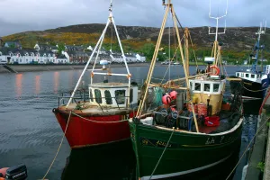 Trawler Prints: Fishing boats in Ullapool harbour at night, Highland, Scotland