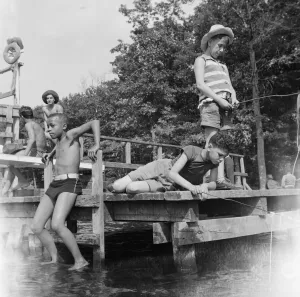 Fishing Rods Prints: Fishing at Camp Nathan Hale, Southfields, New York, 1943. Creator: Gordon Parks