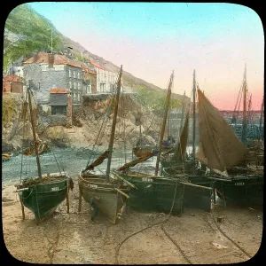 Polperro Prints: Fishing fleet at low tide, Polperro