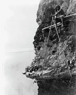 Fishing platform on Trinity River-Hupa, c1923. Creator: Edward Sheriff Curtis
