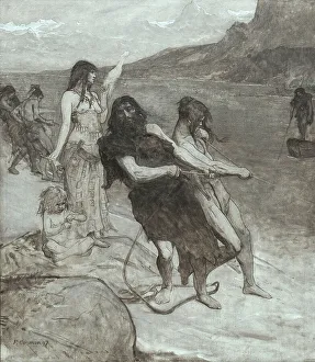 Paleontology Prints: Fishing, sketch for the amphitheatre of palaeontology at the Museum of Natural History in Paris