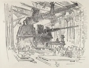 Munitions Industry Prints: Fitting Guns in Turrets, 1916. Creator: Joseph Pennell