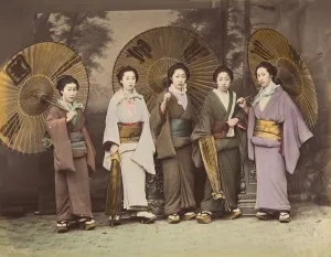 Parasol Prints: [Five Japanese Women in Traditional Dress with Parasols], 1870s. Creator: Unknown