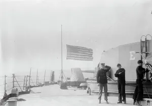 Dreadnought Prints: Flag at 1/2 mast on FLORIDA 1/13, 1913. Creator: Bain News Service