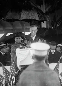 Lansing Robert Prints: Flag Day - Wilson Making Address in Rain