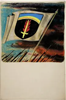 Co Operation Prints: Flag, with flaming sword on shield motif