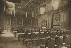 Livery Company Prints: Flag-Hung Great Hall in Which the Powerful Company of Grocers Holds Its Banquets, c1935