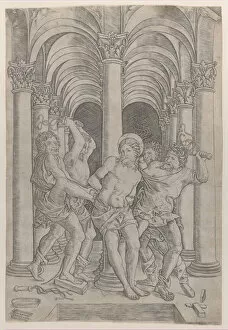 The Flagellation of Christ who is tied to a column at center set within an arcade, 1509