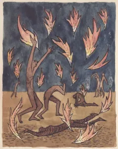 Torment Prints: Flames raining down, 1951. Creator: Shirley Markham