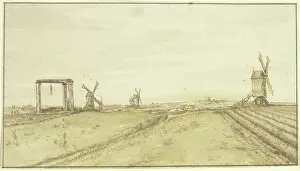Punishment Prints: Flat landscape with windmills and gallows. Creator: Gillis Neyts