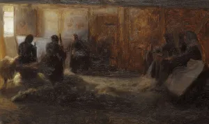 Textile Mill Prints: Flax-beating at Tidsvilde, Själland, 1887. Creator: Julius Paulsen