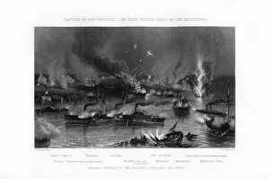 Ridgway Collection: The fleet passing forts on the Mississippi, capture of New Orleans, 1862-1867.Artist: W Ridgway