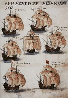 Carrack Gallery: The fleet of Vasco da Gama in 1502. From Livro de Lisuarte de Abreu, c. 1565