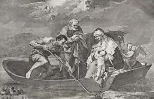Images Dated 26th October 2020: The flight into Egypt, with the Holy Family in a boat, 1730-50. Creator: Pietro Monaco