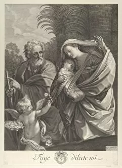 The Flight into Egypt; the Holy Family walking together, Saint Joseph pointing to t