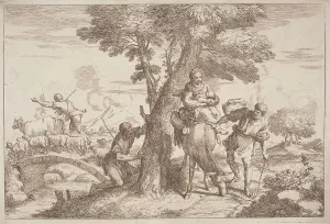 Flock Prints: The Flight into Egypt with a Shepherd Watching from Behind a Tree