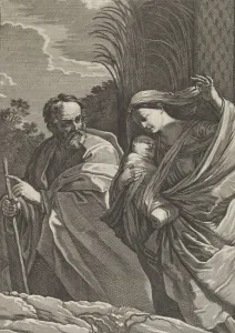 Bernard Gallery: The Flight into Egypt; the Virgin carrying the infant Christ, Joseph pointing to th