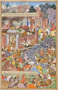 Flight of Sultan Bahadur During Humayun's Campaign in Gujarat, 1535... c1590. Creator: Unknown