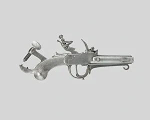 Firearms Prints: Flintlock Alarm-Trap Pistol, France, c. 1800. Creator: Unknown